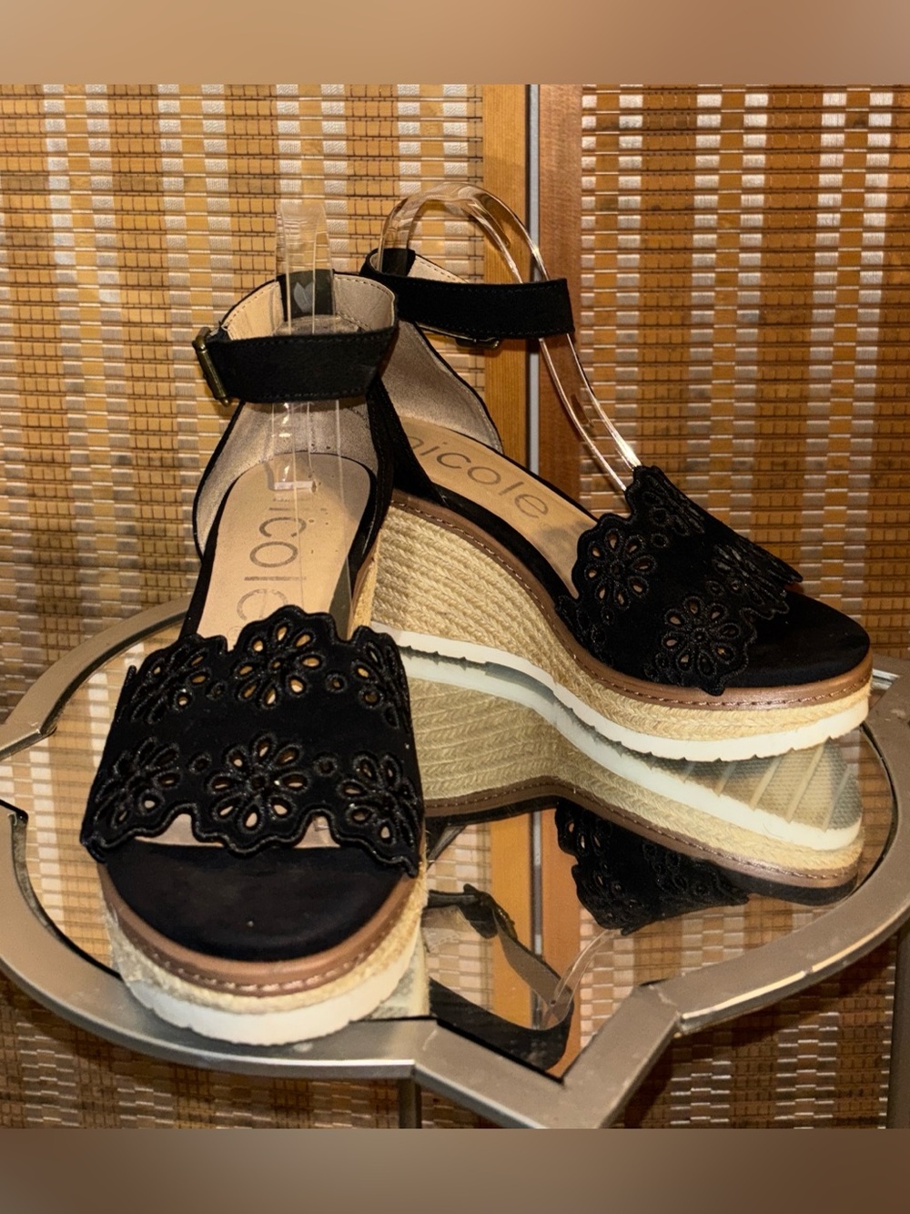 Nicole | Women’s Black Laser-Cut Espadrille Wedge Sandals - Size 8